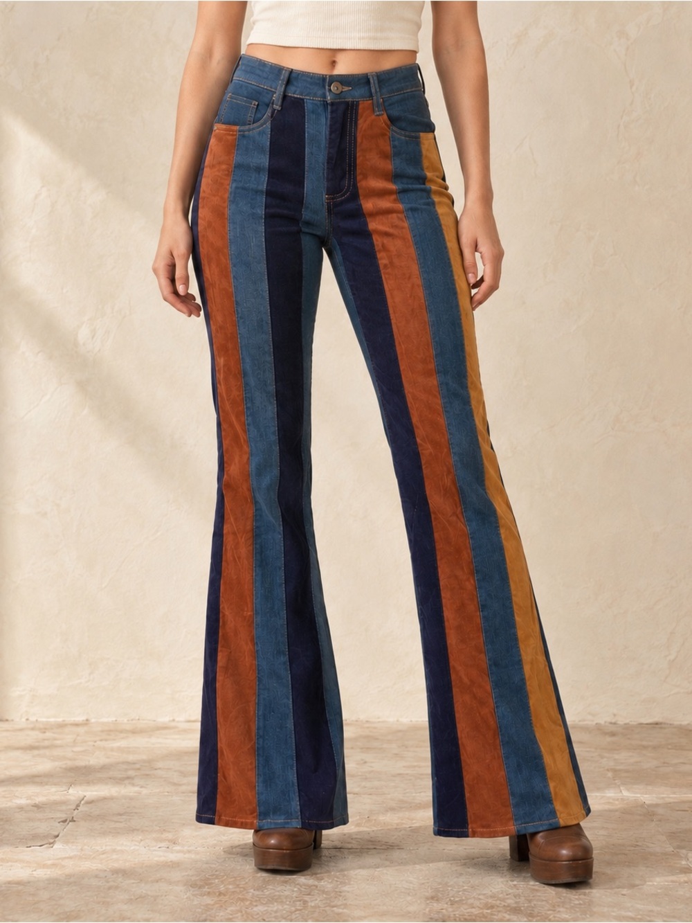 West of Melrose Denim Velvet Patchwork Flare Pants Blue Rust Gold Size 27
